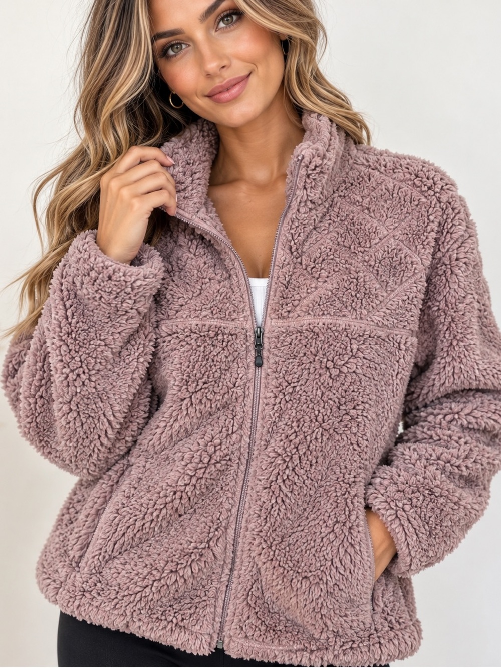 Stillwater Supply Cozy Plush Zip-Up Jacket Dusty Mauve purple Sherpa Teddy XL